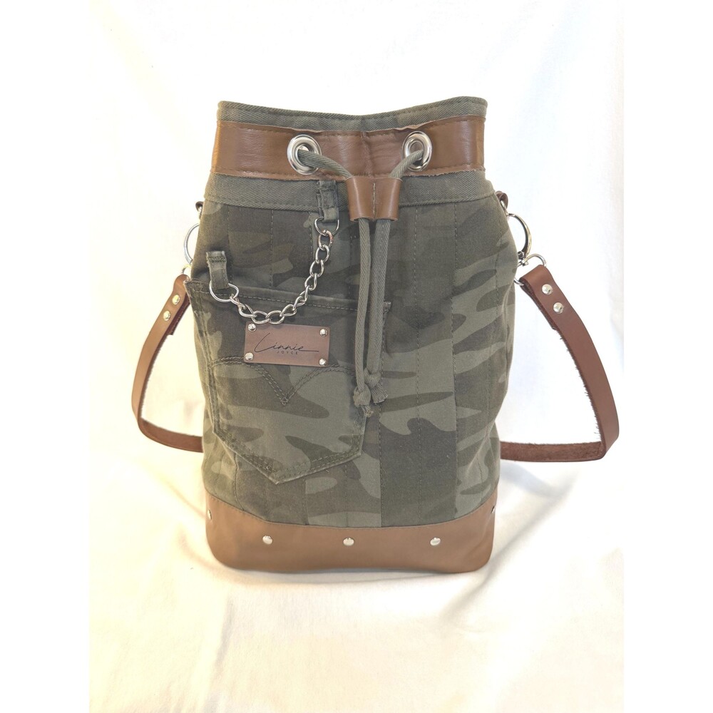 Upcycled Camo Bucket Bag – Handmade Lambskin Leather & Army Green Denim Purse